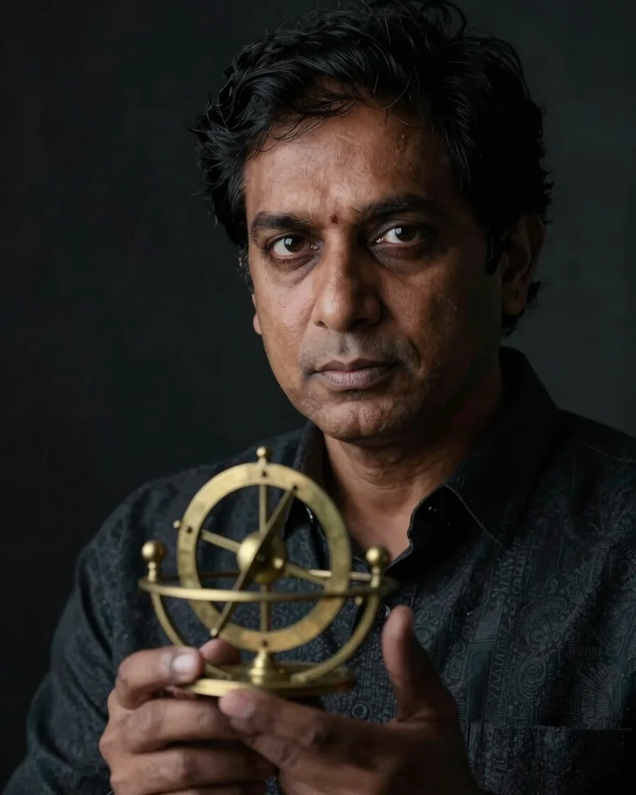 Portrait of Cosmic Kashyap, a scholarly figure with deep-set eyes, focused and serene, holding a brass astrolabe, in a m