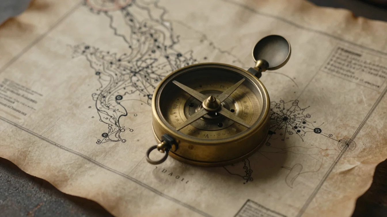 Overhead flat-lay of a parchment natal map with brass astrolabe, deep dramatic lighting, sharp macro focus.