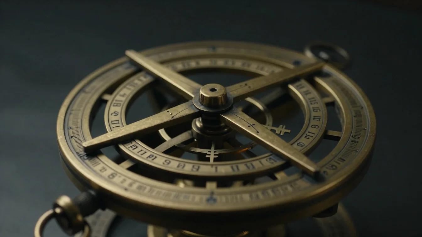 Close-up detail shot of a brass astrolabe with celestial markings, moody editorial studio photography, 35mm.