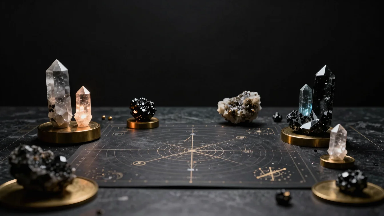 Minimalist celestial study desk with mineral crystals and astronomical charts, deep directional shadows, soft warm point